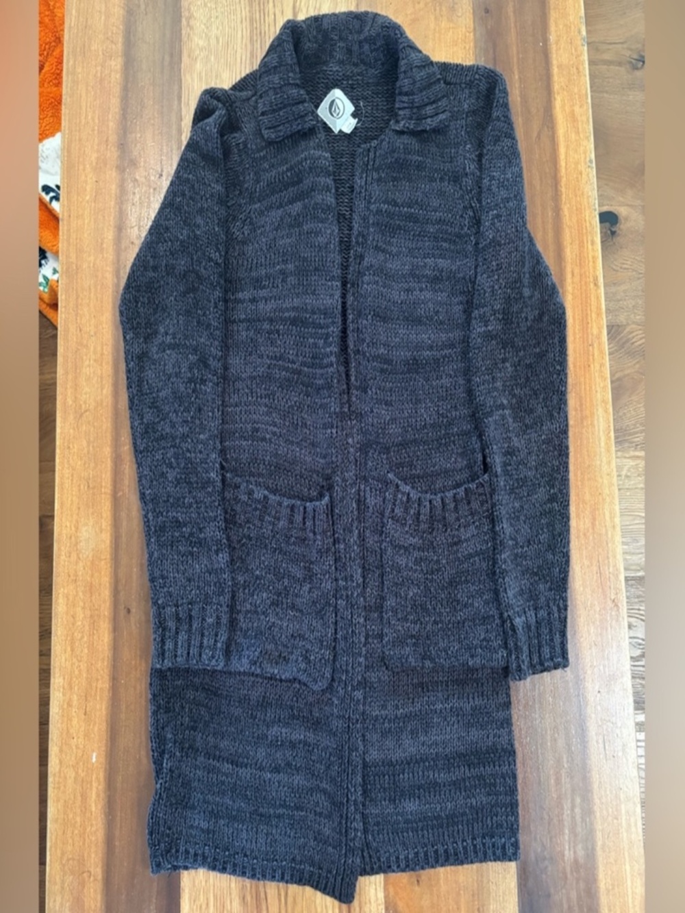 Volcom Long Knit Open Front Cardigan Dark Gray Small Cozy Knee Length Sweater